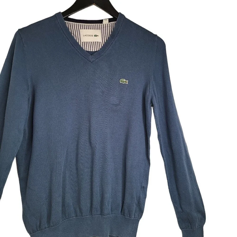 Lacoste Blue V Neck Long Sleeve Pullover Knit Cotton Sweater Top